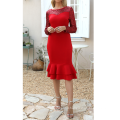 Red Bodycon O Neck Sequined Long Sleeves Sexy Ruffled Women Prom Dress